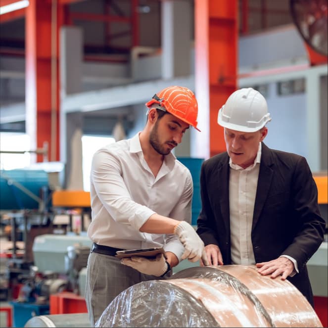 Ingenieros en planta industrial revisando rollo de película estirable automática
